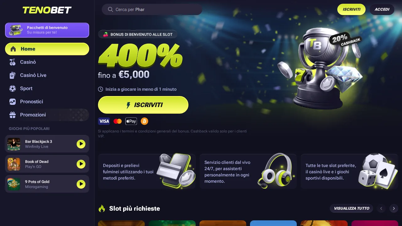 Tenobet — schermata del sito Anjouan